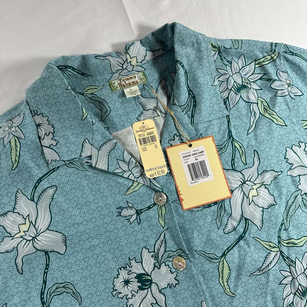 Tommy Bahama Vines Camp Button Down Shirt in Aquamarine Silk XL Hawaiian